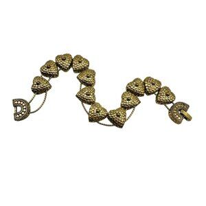 Vintage Gold Tone Studded Love Hearts Charm Slide Bracelet Victorian Goldette *